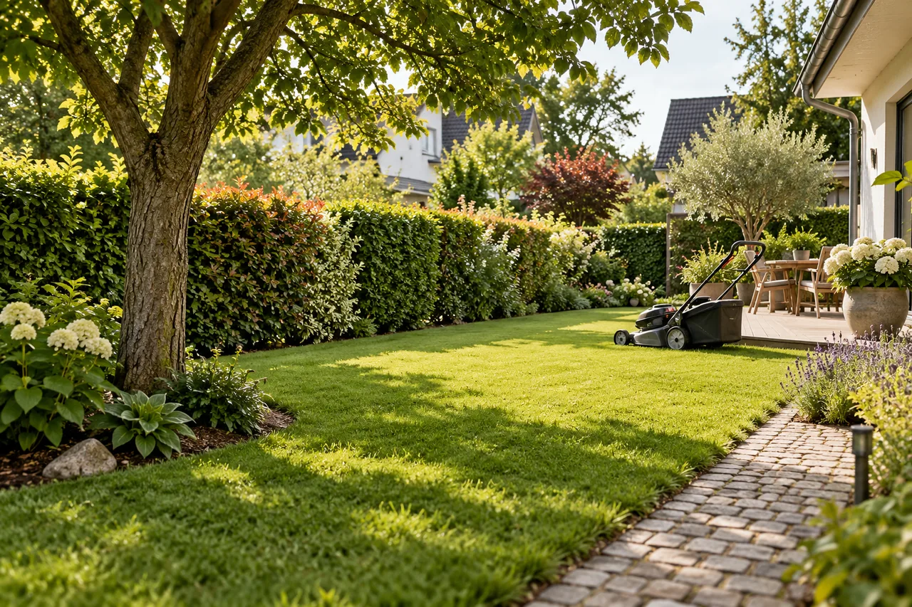 Garten mit Rasenfläche, Hecke und Baum